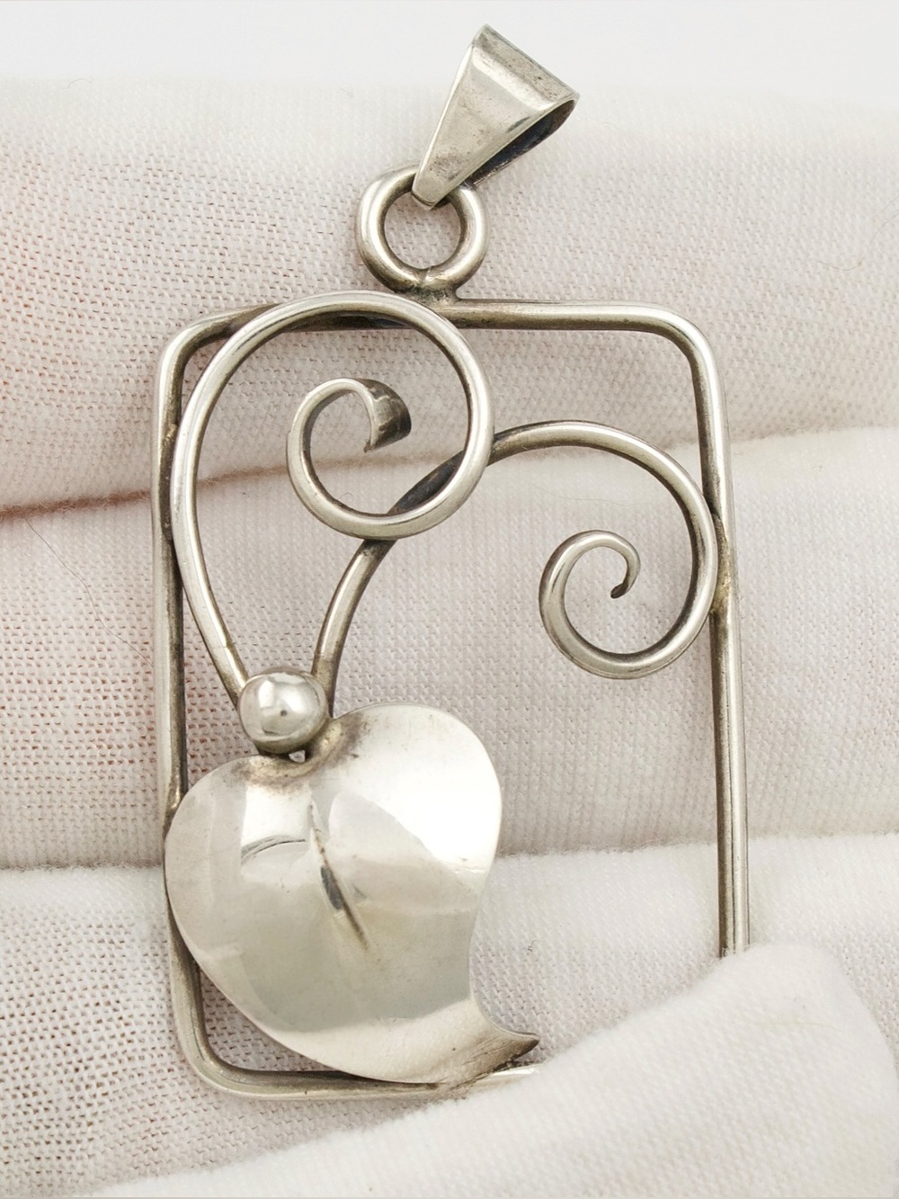 Vintage Danish Sterling Silver Leaf Necklace Pendant Mid-Century Denmark